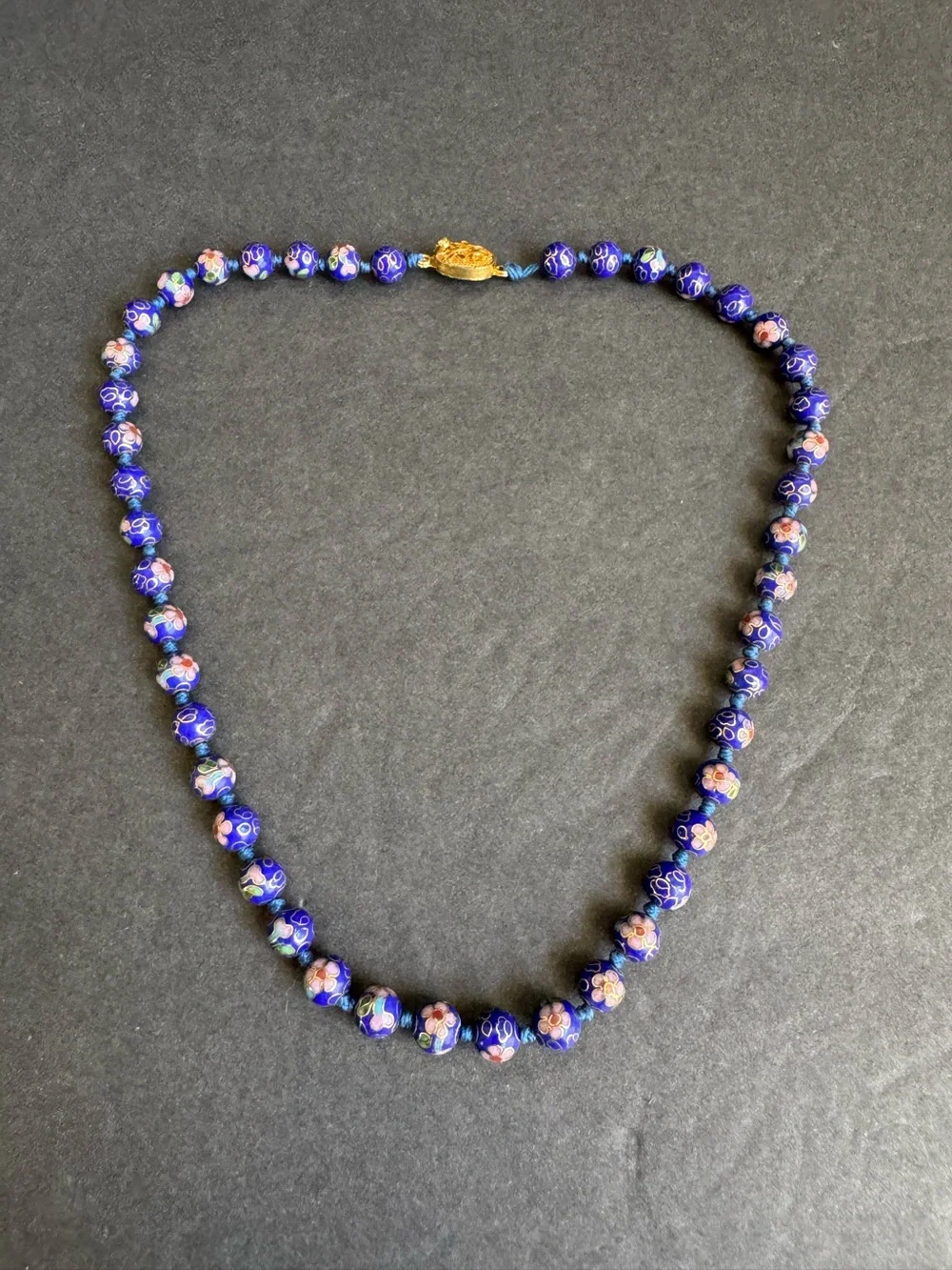 Vintage Cloisonné Necklace Cobalt Blue Beaded Chinese Export 10K Gold Plated 19